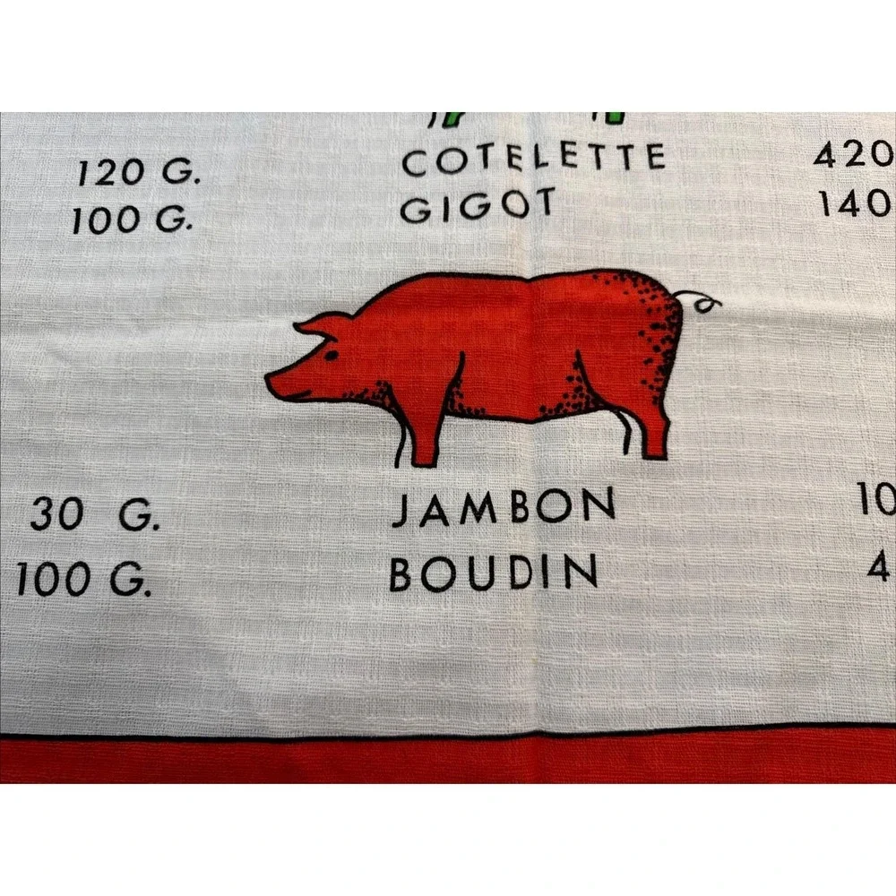 VTG French Tea Towel MCM Cuts of Meat Oddity Kitchen Butcher Calorie Rare Cotton
